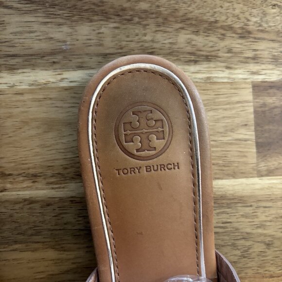 Tory Burch Miller Sandals Tan Leather Logo Women’s 8.5 Resort Beach Pool FLAWS - Picture 8 of 16